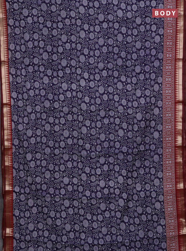 Semi maheshwari cotton saree blue and maroon with allover prints and zari woven border