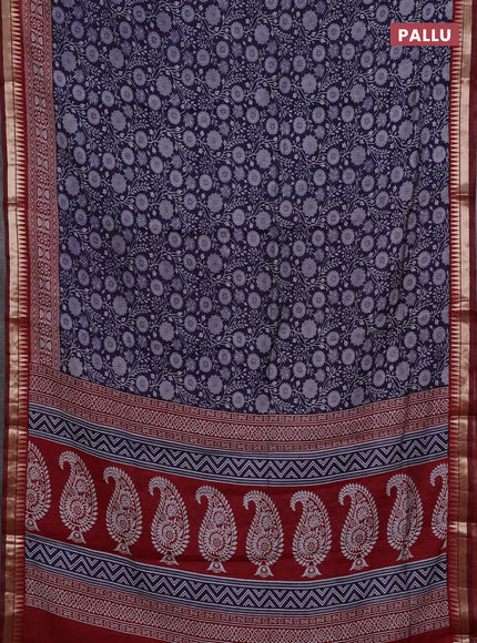 Semi maheshwari cotton saree blue and maroon with allover prints and zari woven border