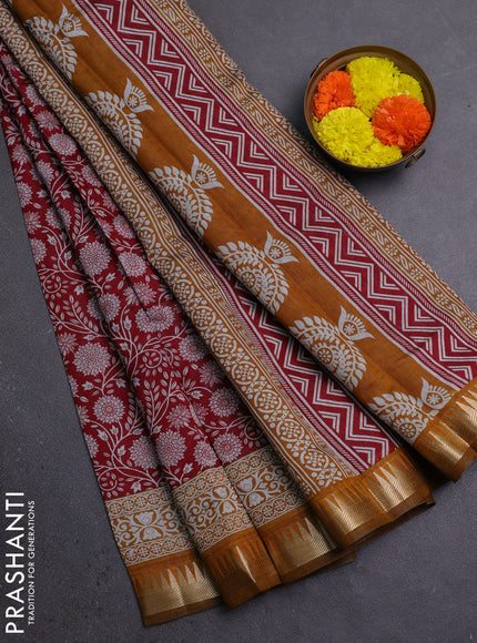 Semi maheshwari cotton saree red and mustard yellow with allover prints and zari woven border