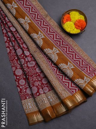 Semi maheshwari cotton saree red and mustard yellow with allover prints and zari woven border