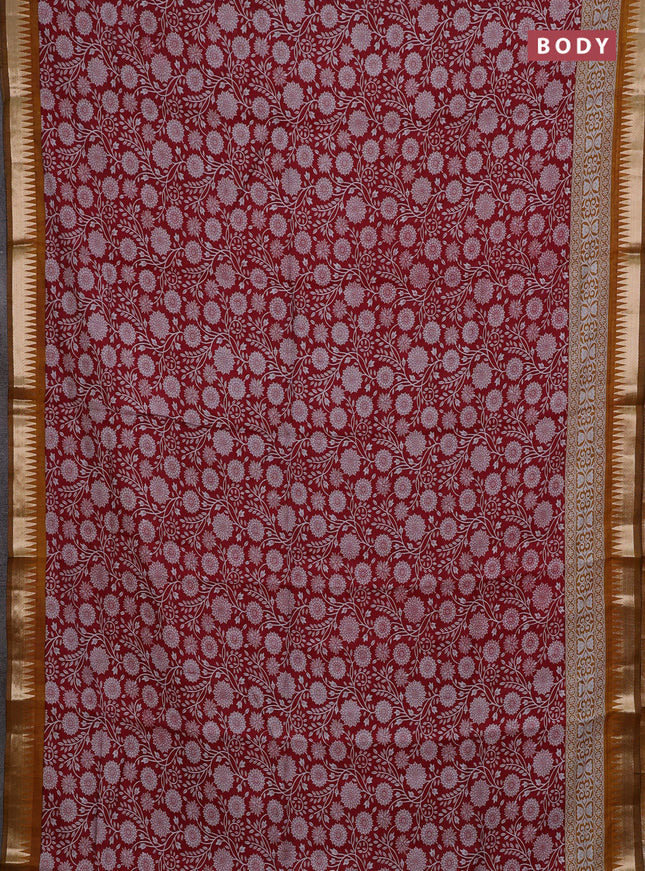 Semi maheshwari cotton saree red and mustard yellow with allover prints and zari woven border