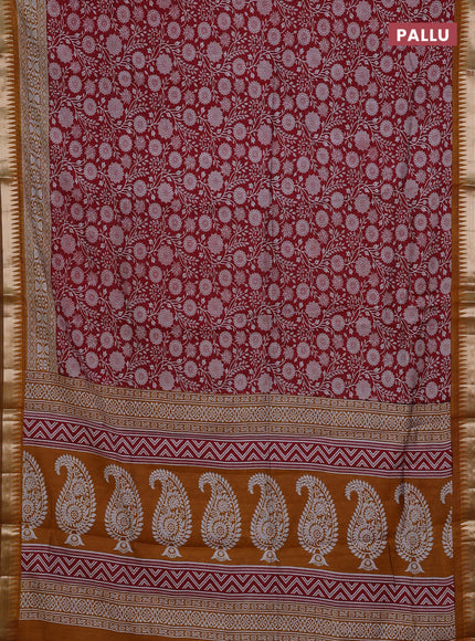 Semi maheshwari cotton saree red and mustard yellow with allover prints and zari woven border