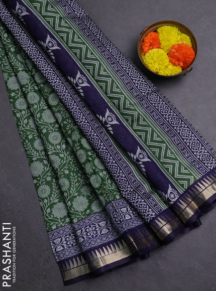 Semi maheshwari cotton saree green and blue with allover prints and zari woven border