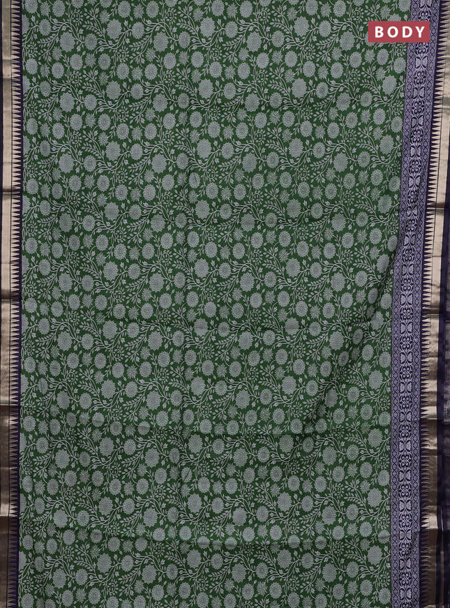 Semi maheshwari cotton saree green and blue with allover prints and zari woven border
