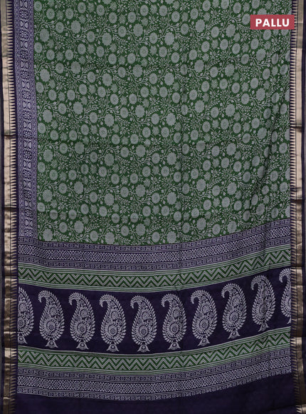 Semi maheshwari cotton saree green and blue with allover prints and zari woven border