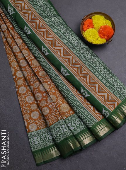 Semi maheshwari cotton saree mustard yellow and sap green with allover prints and zari woven border