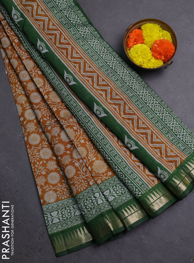 Semi maheshwari cotton saree mustard yellow and sap green with allover prints and zari woven border