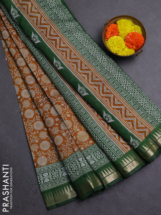 Semi maheshwari cotton saree mustard yellow and sap green with allover prints and zari woven border