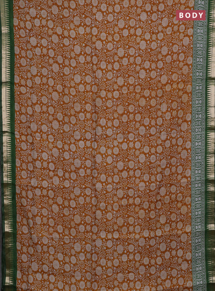 Semi maheshwari cotton saree mustard yellow and sap green with allover prints and zari woven border
