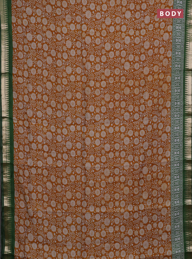 Semi maheshwari cotton saree mustard yellow and sap green with allover prints and zari woven border