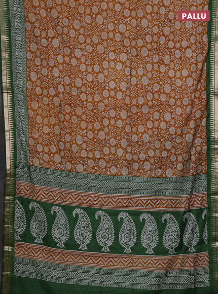 Semi maheshwari cotton saree mustard yellow and sap green with allover prints and zari woven border