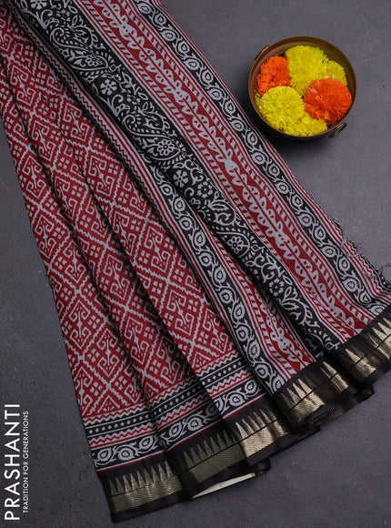 Semi maheshwari cotton saree maroon and black with allover ikat prints and zari woven border