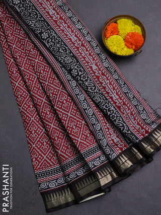 Semi maheshwari cotton saree maroon and black with allover ikat prints and zari woven border