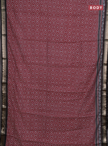 Semi maheshwari cotton saree maroon and black with allover ikat prints and zari woven border