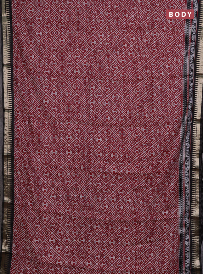 Semi maheshwari cotton saree maroon and black with allover ikat prints and zari woven border