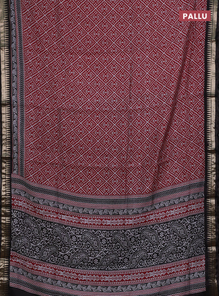 Semi maheshwari cotton saree maroon and black with allover ikat prints and zari woven border
