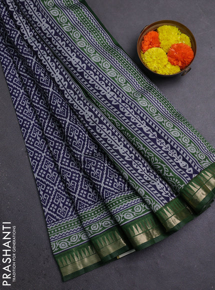Semi maheshwari cotton saree navy blue and green with allover ikat prints and zari woven border