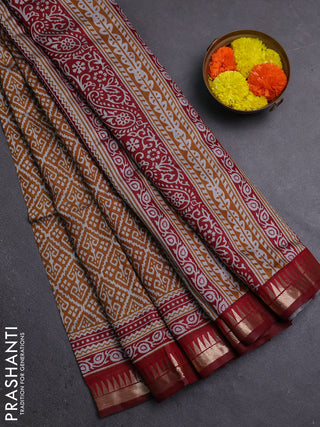Semi maheshwari cotton saree mustard yellow and maroon with allover ikat prints and zari woven border