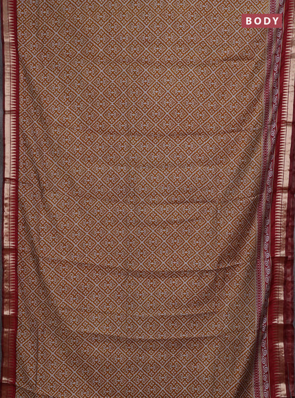 Semi maheshwari cotton saree mustard yellow and maroon with allover ikat prints and zari woven border