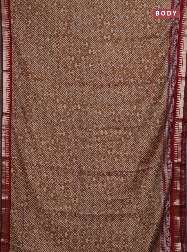 Semi maheshwari cotton saree mustard yellow and maroon with allover ikat prints and zari woven border