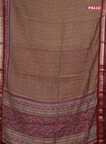 Semi maheshwari cotton saree mustard yellow and maroon with allover ikat prints and zari woven border
