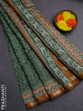 Semi maheshwari cotton saree green and mustard yellow with allover ikat prints and zari woven border