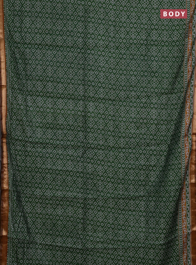 Semi maheshwari cotton saree green and mustard yellow with allover ikat prints and zari woven border