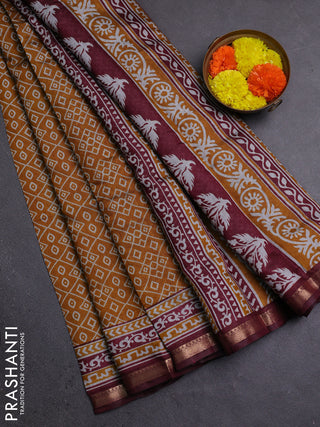 Semi maheshwari cotton saree mustard yellow and deep maroon with allover ikat prints and zari woven border