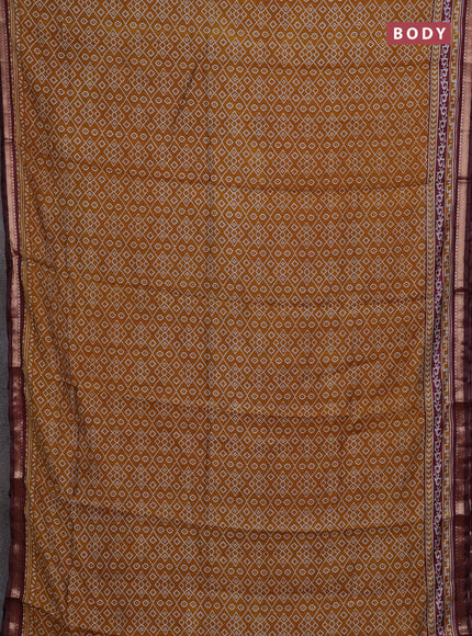 Semi maheshwari cotton saree mustard yellow and deep maroon with allover ikat prints and zari woven border