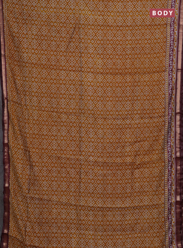 Semi maheshwari cotton saree mustard yellow and deep maroon with allover ikat prints and zari woven border
