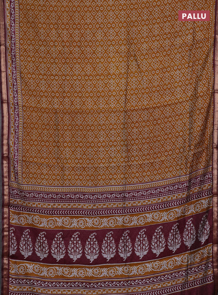 Semi maheshwari cotton saree mustard yellow and deep maroon with allover ikat prints and zari woven border