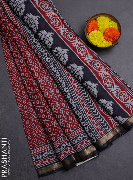 Semi maheshwari cotton saree maroon and black with allover ikat prints and zari woven border