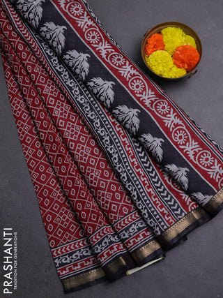 Semi maheshwari cotton saree maroon and black with allover ikat prints and zari woven border