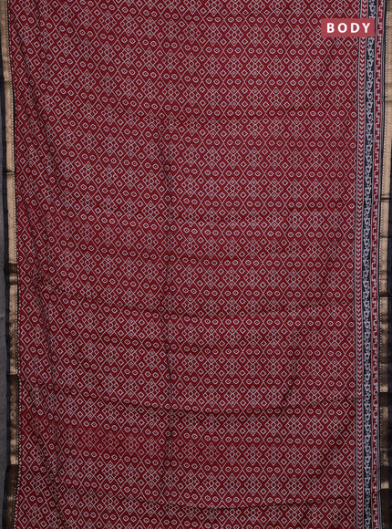 Semi maheshwari cotton saree maroon and black with allover ikat prints and zari woven border