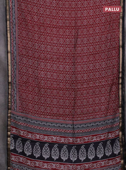 Semi maheshwari cotton saree maroon and black with allover ikat prints and zari woven border