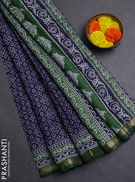 Semi maheshwari cotton saree blue and green with allover ikat prints and zari woven border