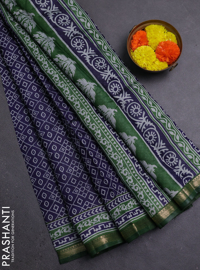Semi maheshwari cotton saree blue and green with allover ikat prints and zari woven border