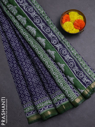 Semi maheshwari cotton saree blue and green with allover ikat prints and zari woven border