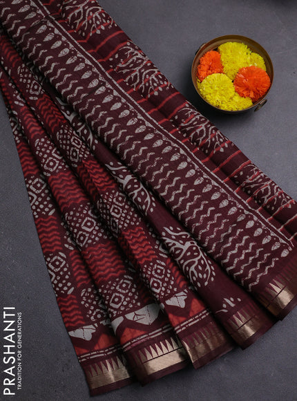 Semi maheshwari cotton saree maroon with allover batik prints and zari woven border