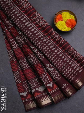 Semi maheshwari cotton saree maroon with allover batik prints and zari woven border