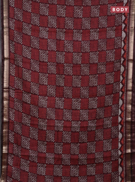 Semi maheshwari cotton saree maroon with allover batik prints and zari woven border