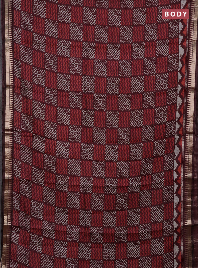Semi maheshwari cotton saree maroon with allover batik prints and zari woven border