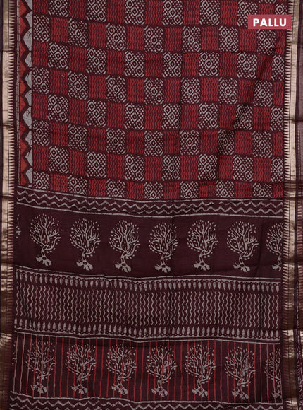 Semi maheshwari cotton saree maroon with allover batik prints and zari woven border