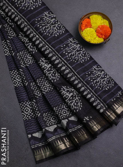 Semi maheshwari cotton saree black with allover batik prints and zari woven border