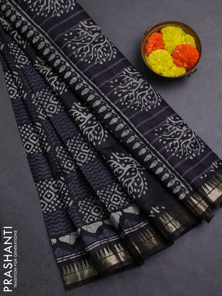 Semi maheshwari cotton saree black with allover batik prints and zari woven border