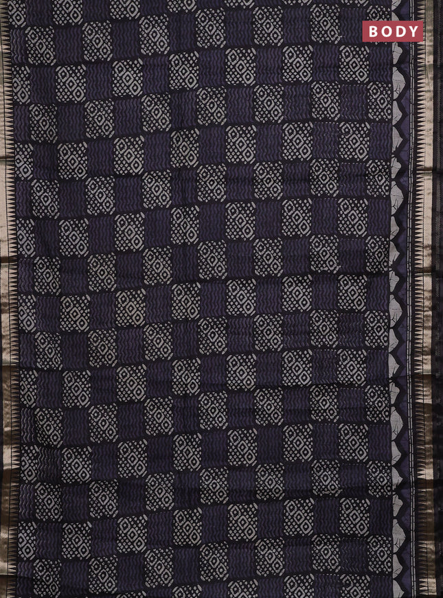 Semi maheshwari cotton saree black with allover batik prints and zari woven border