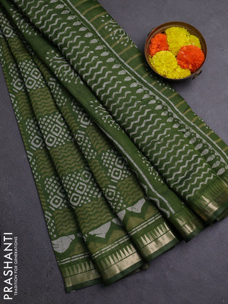 Semi maheshwari cotton saree sap green with allover batik prints and zari woven border