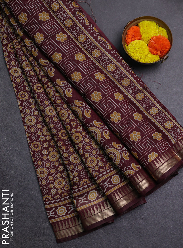 Semi maheshwari cotton saree deep maroon with allover ajrakh prints and zari woven border