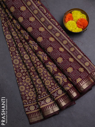Semi maheshwari cotton saree deep maroon with allover ajrakh prints and zari woven border