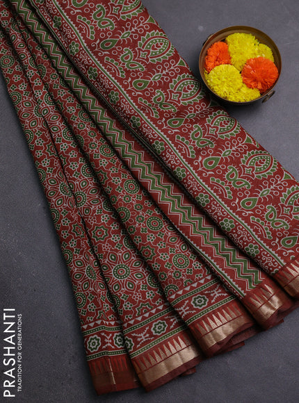 Semi maheshwari cotton saree rust shade with allover ajrakh prints and zari woven border